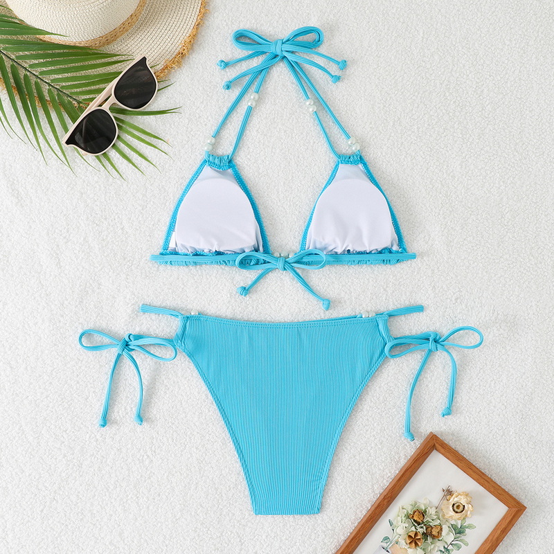 2025 Western Style Swimsuit &ndash; Solid Color Pearl Tie Sexy Bikini Set_08