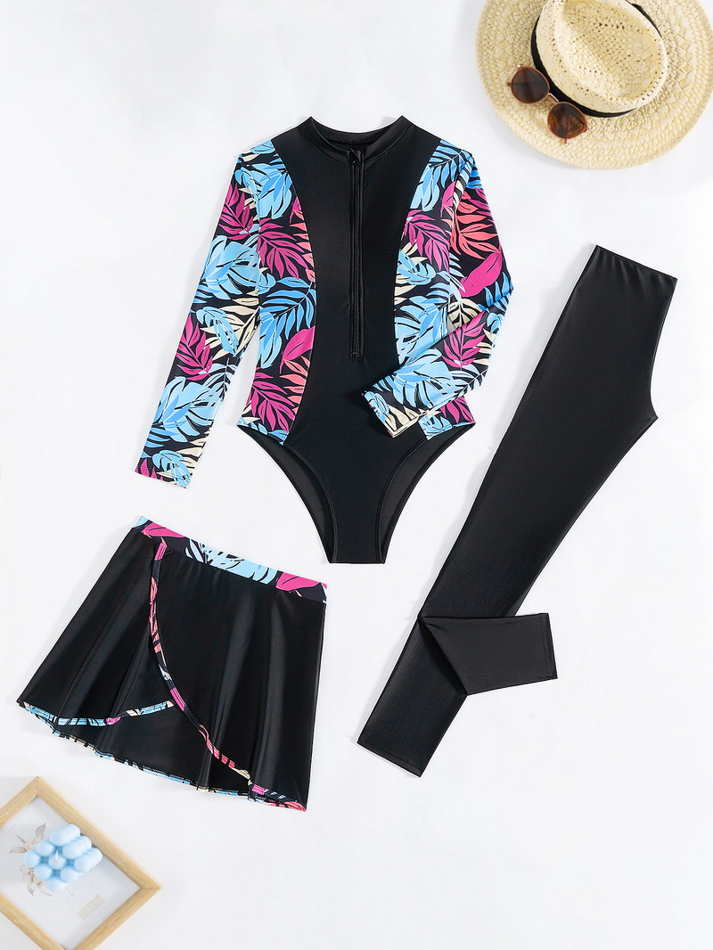 European and American Bikini Set with Long Sleeve Print and Short Skirt Muslim Three-Piece Swimsuit_09