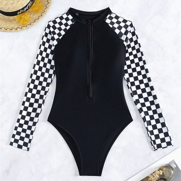 2025 New European and American One-Piece Bikini Long Sleeve Plaid Rash Guard Swimsuit