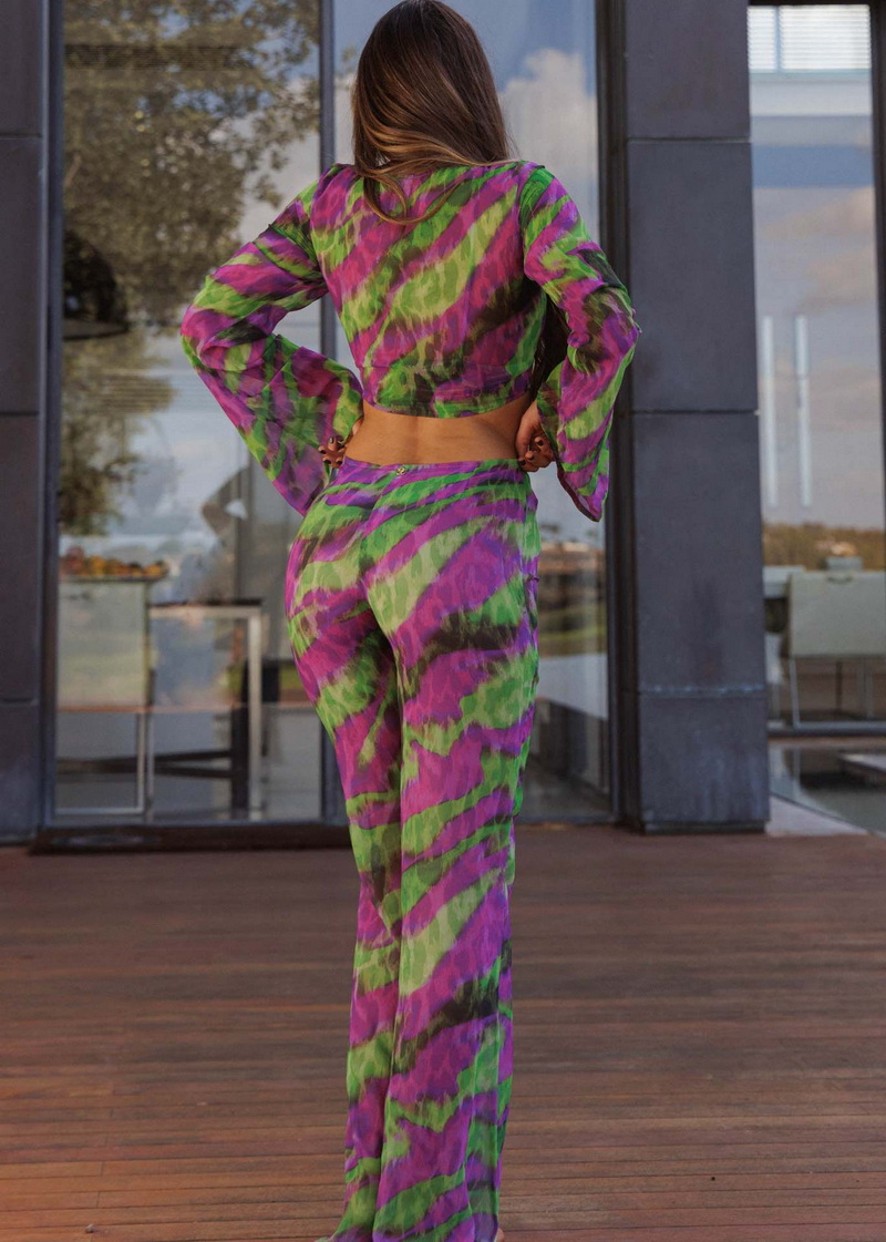 New Printed Stripe Tie-Dye Chiffon Beach Pants Set European Fashion