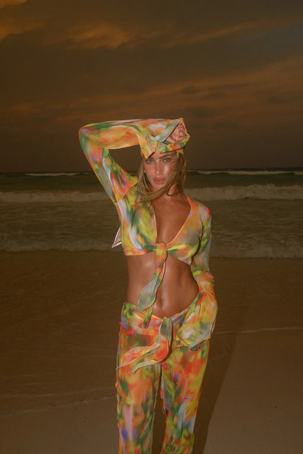 New Printed Stripe Tie-Dye Chiffon Beach Pants Set European Fashion