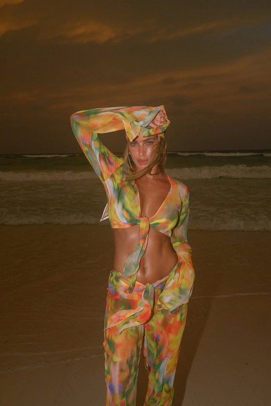New Printed Stripe Tie-Dye Chiffon Beach Pants Set European Fashion