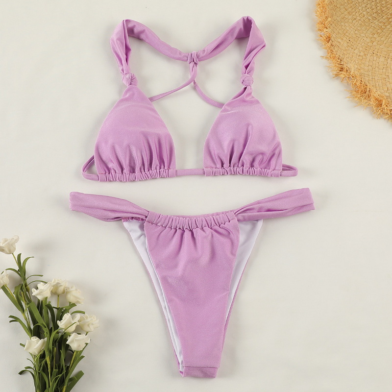 Solid Color Knot Tie Bikini Sexy Backless Double-Layer Fabric European_21