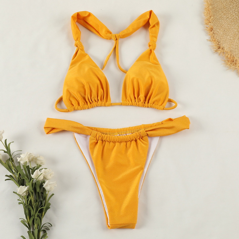 Solid Color Knot Tie Bikini Sexy Backless Double-Layer Fabric European_06