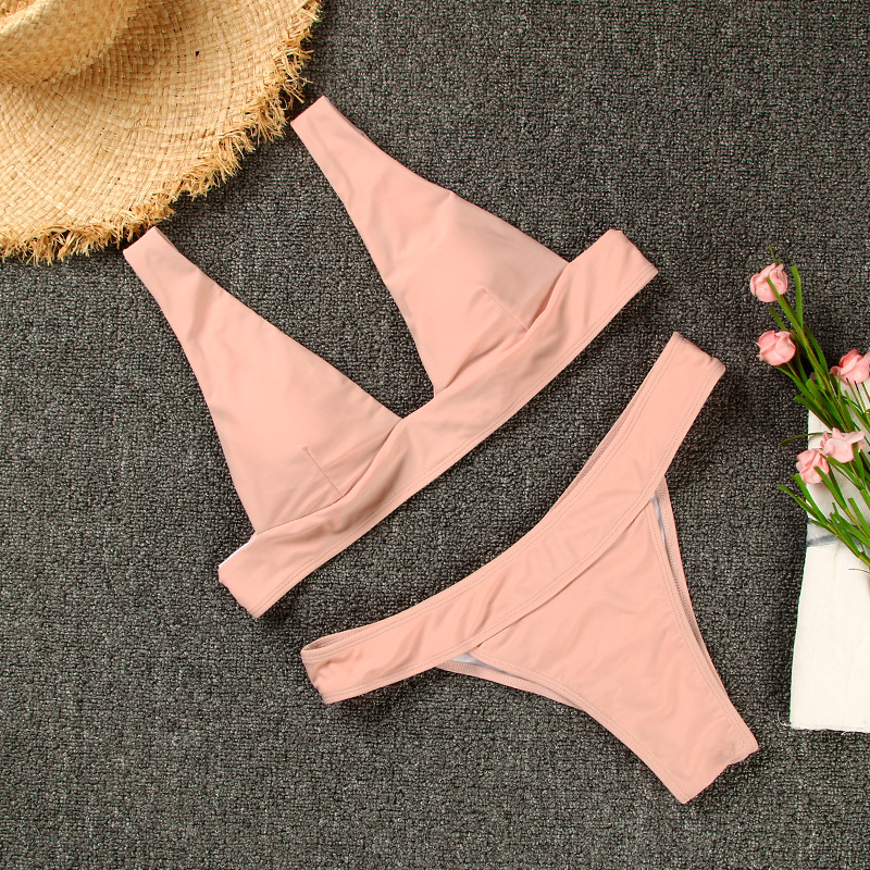 Deep V Solid Color Bikini Backless Two-Piece Swimsuit Six Colors European Export_07