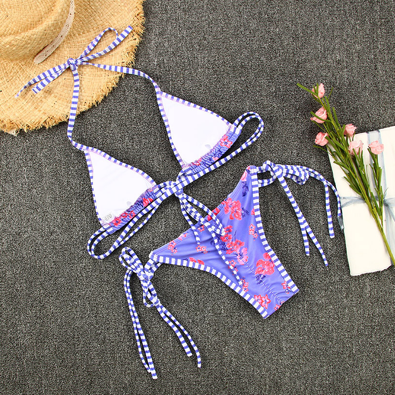 Colorblock Printed Tie Bikini Two-Piece Swimsuit Sexy European Export With New Colors_08