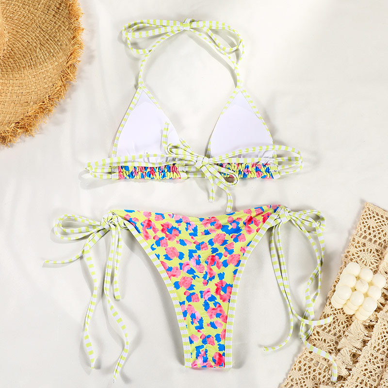 Colorblock Printed Tie Bikini Two-Piece Swimsuit Sexy European Export With New Colors_16