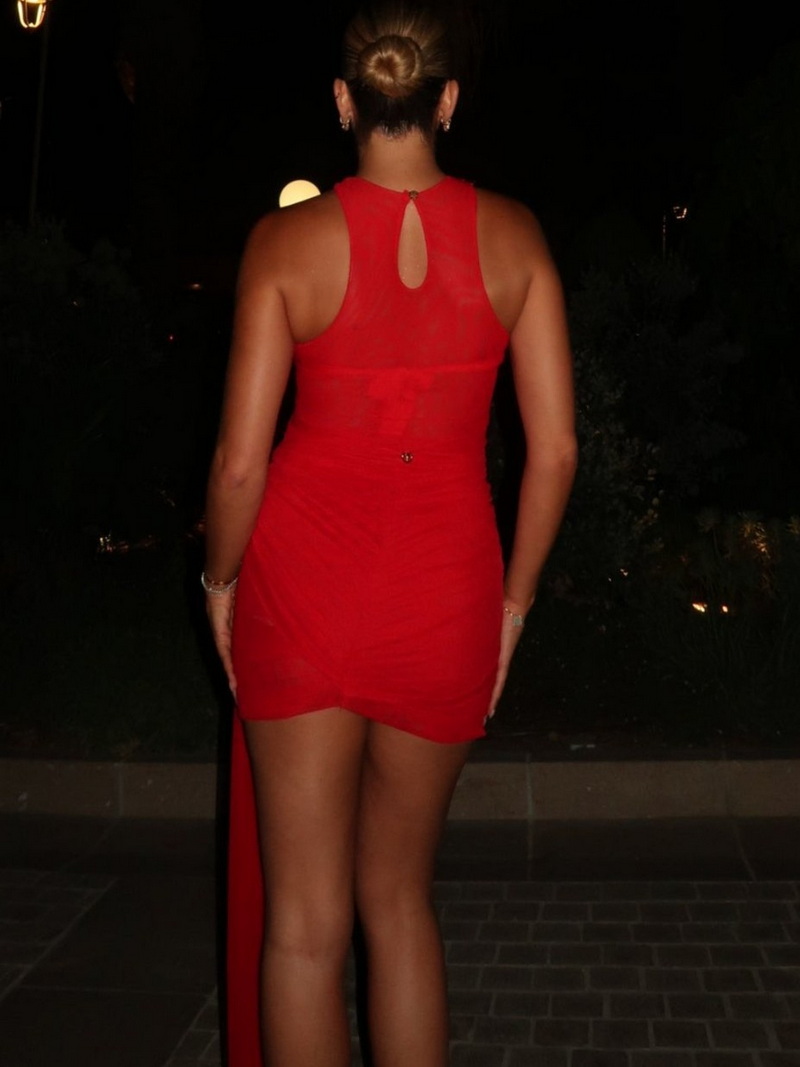 New Solid Color Halter Beach Dress Red Mesh Sexy Cover Up Dress