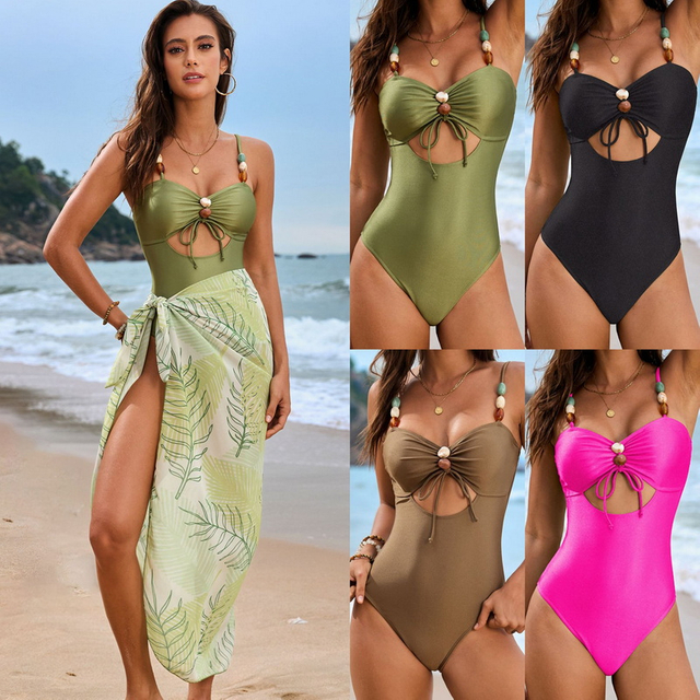 2025 New Glossy Solid Color Ruched Beaded One-Piece Swimsuit Set Hot-Selling