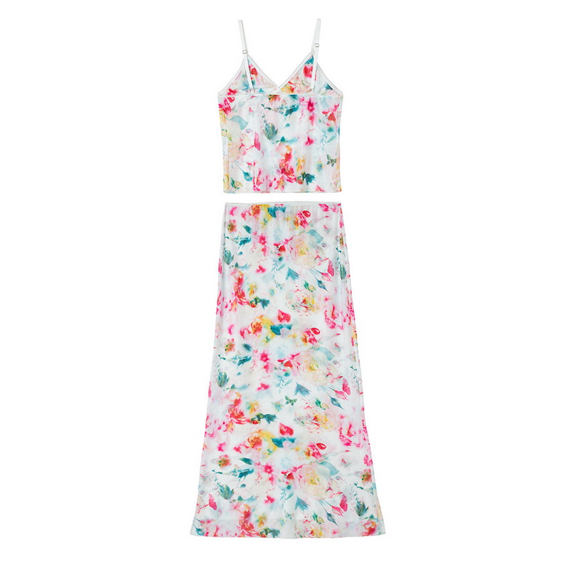 Floral Mesh Spaghetti Strap Beach Skirt Set With Bow And Lace Detail