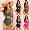 2025 New Solid Color Cross-Wrap Ruched High-Waist One-Piece Swimsuit BS Style