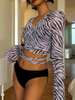New Western Style Bikini – Zebra Print Tie Long Sleeve Three-Piece Swimsuit