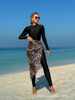 Custom Western Style Swimsuit – Long Sleeve Front Zip One-Piece with Leopard Print Cover-Up