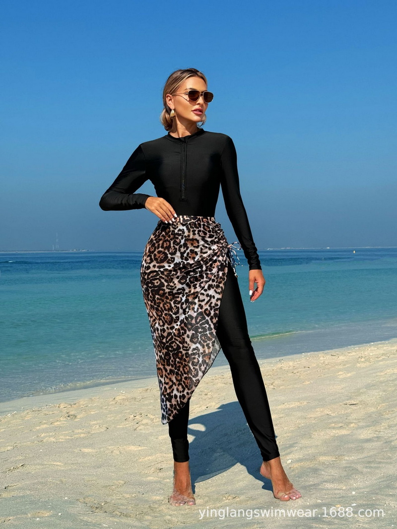 Custom Western Style Swimsuit – Long Sleeve Front Zip One-Piece with Leopard Print Cover-Up