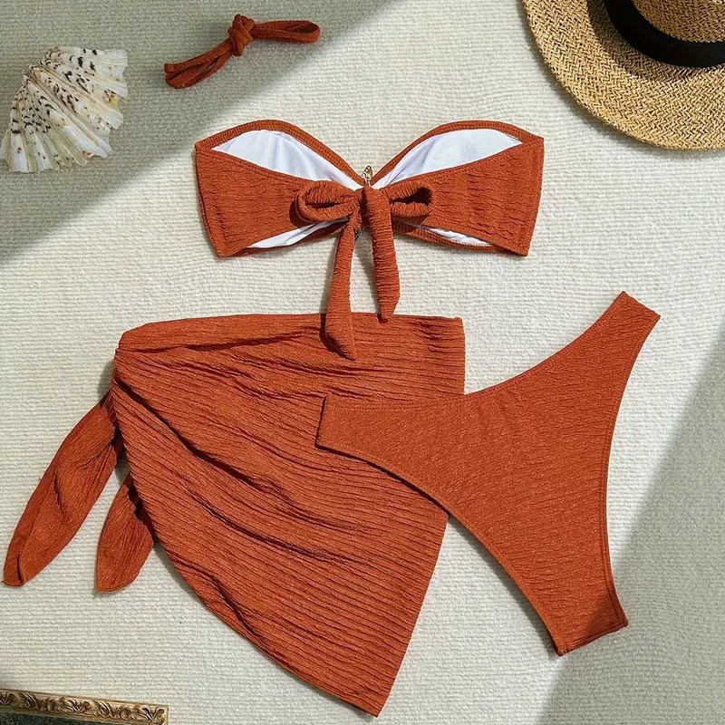 2025 New Three-Piece Solid Color Bikini With Bandeau Top And Beach Skirt