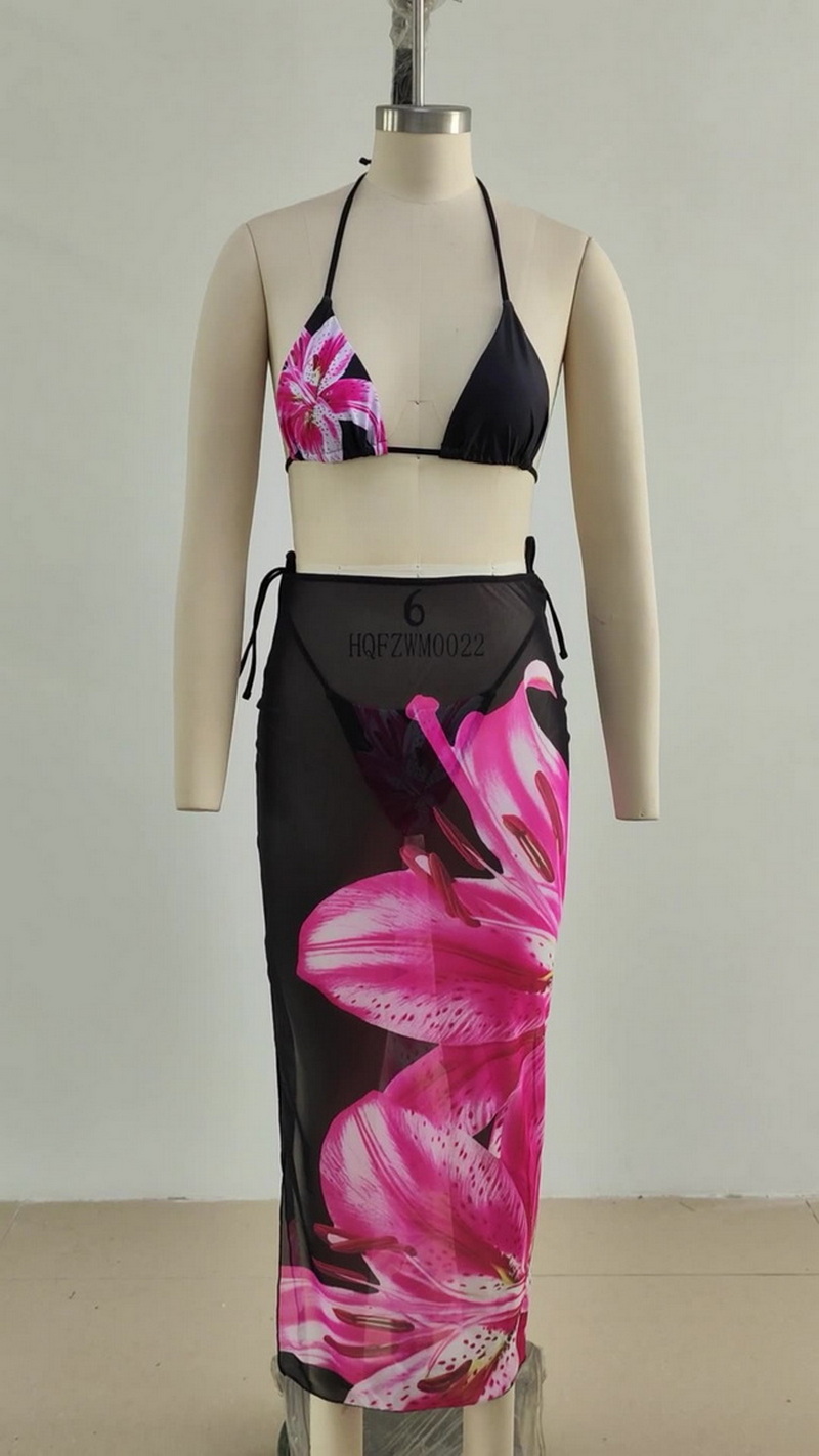 New European Style Bikini Cover-Up Set With Lily Print And Sexy Design
