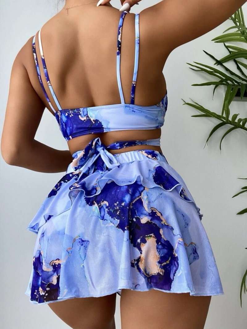 Sexy Marble Print Three-Piece Bikini Set - Beach Skirt Swimsuit