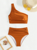 2025 New European Solid Ruched One-Shoulder Bikini With Sexy Open Back