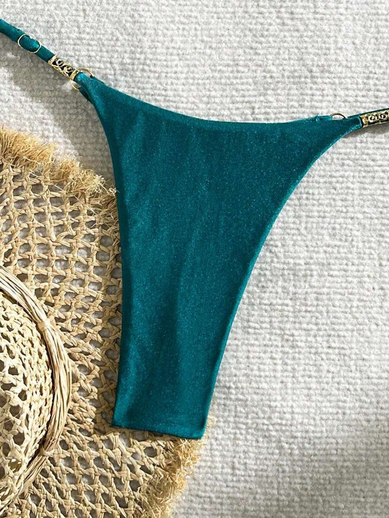 New European Solid Bikini With Metal Accents, Sexy Halter Tie Backless Swimsuit