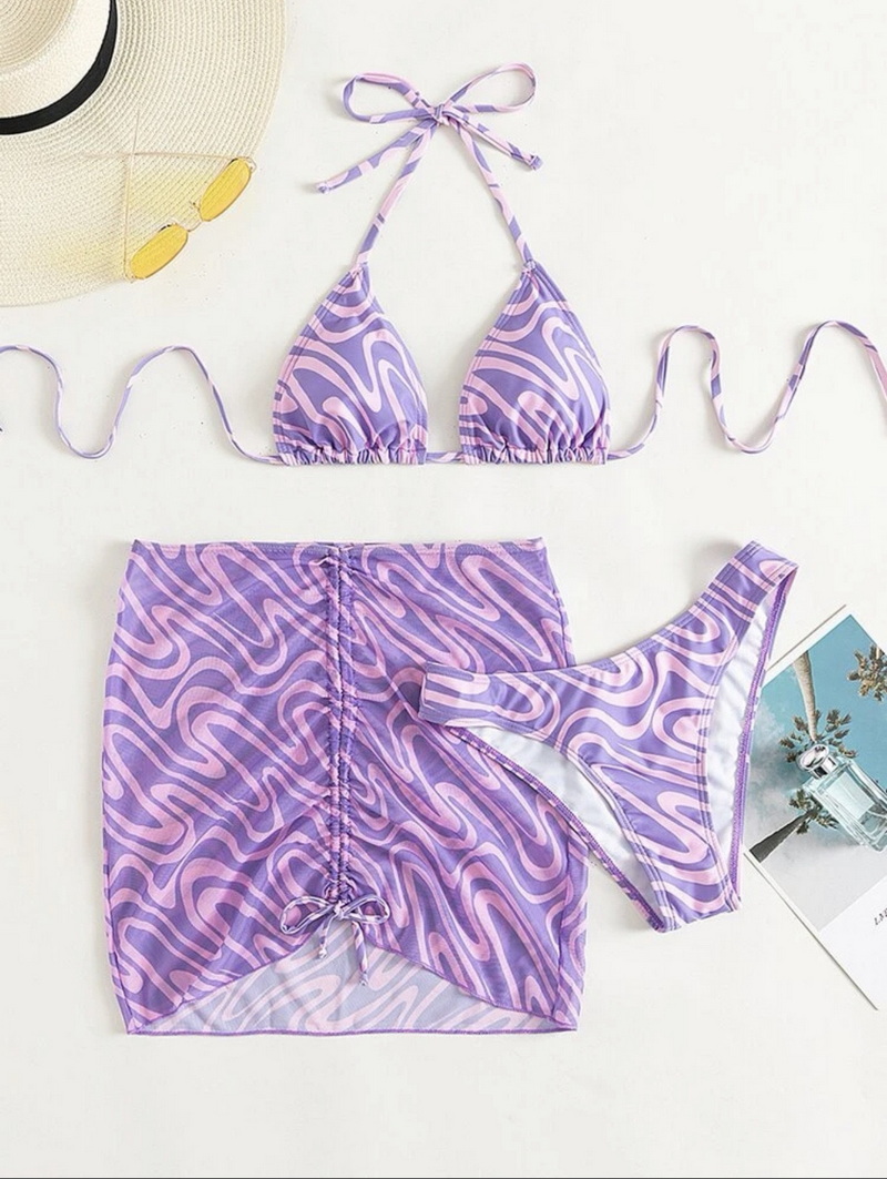 All-Over Print Triangle Bikini Set - Spaghetti Strap with Beach Skirt_12