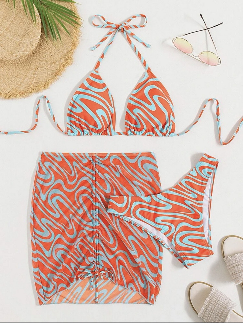 All-Over Print Triangle Bikini Set - Spaghetti Strap with Beach Skirt_03