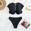 2025 Black Mesh Short Sleeve Cut-Out Two-Piece Bikini Set In Stock