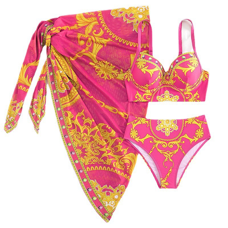 2025 Retro Print Mesh Tie Three-Piece Bikini Set European Style_4