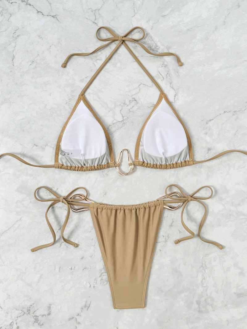 Solid Color Metal Accent Two-Piece Bikini Set Sexy European Style