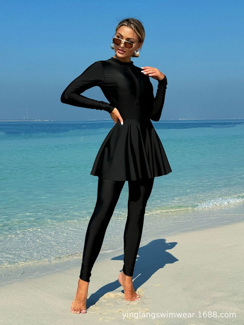 2025 New European Solid Long Sleeve One-Piece Swimsuit With Mesh Skirt Diving Style