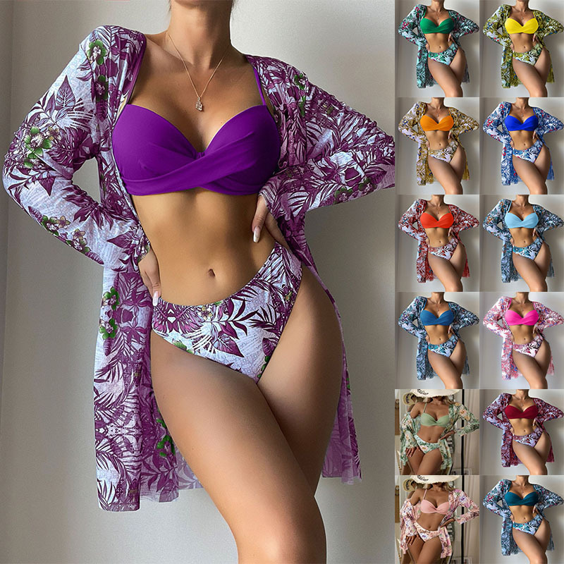 2025 New European Mesh Three-Piece Swimsuit With Twist Front Bikini And Cover-Up