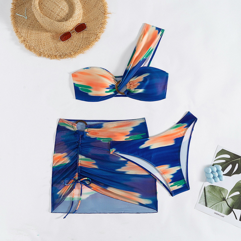 Custom 2025 New Print Mesh Skirt Bikini Set With Sexy One-Shoulder Bandeau Design