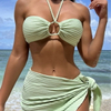 Custom 3-Piece Bikini Set with Sheer Skirt - Halter Solid Color Sexy Swimwear