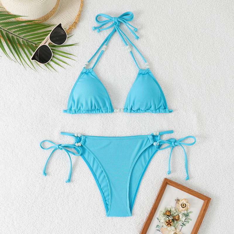 2025 Western Style Swimsuit &ndash; Solid Color Pearl Tie Sexy Bikini Set_07
