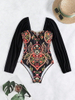 2025 New Tummy Control Long Sleeve Strapless Printed One-Piece Swimsuit for Women