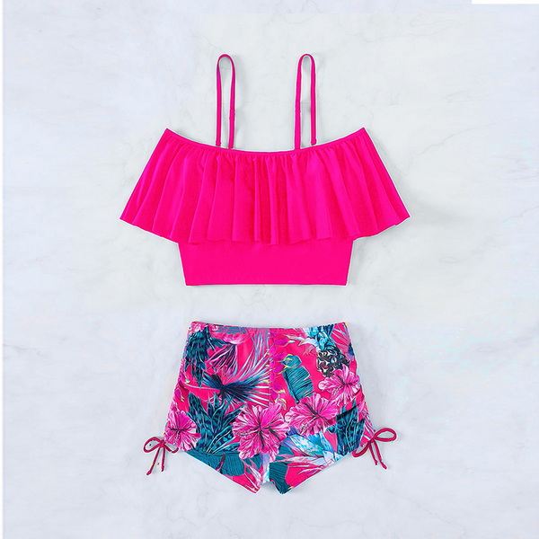 2025 New European and American Two-Piece Bikini Set Off-Shoulder High-Waist Printed Swimsuit