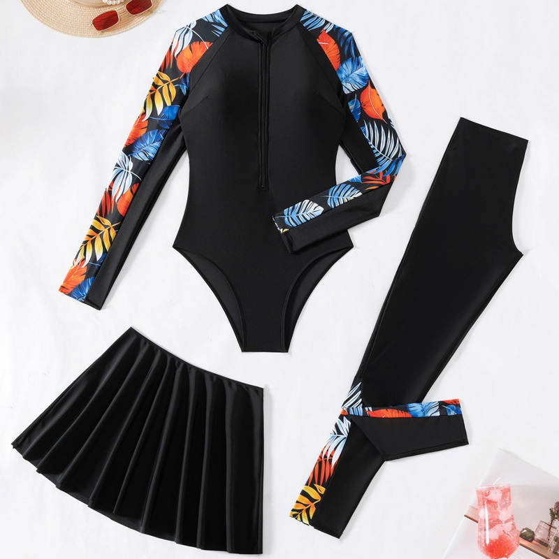 Custom European and American Women's Three-Piece Muslim Swimsuit Set with Front Zip Long Sleeve