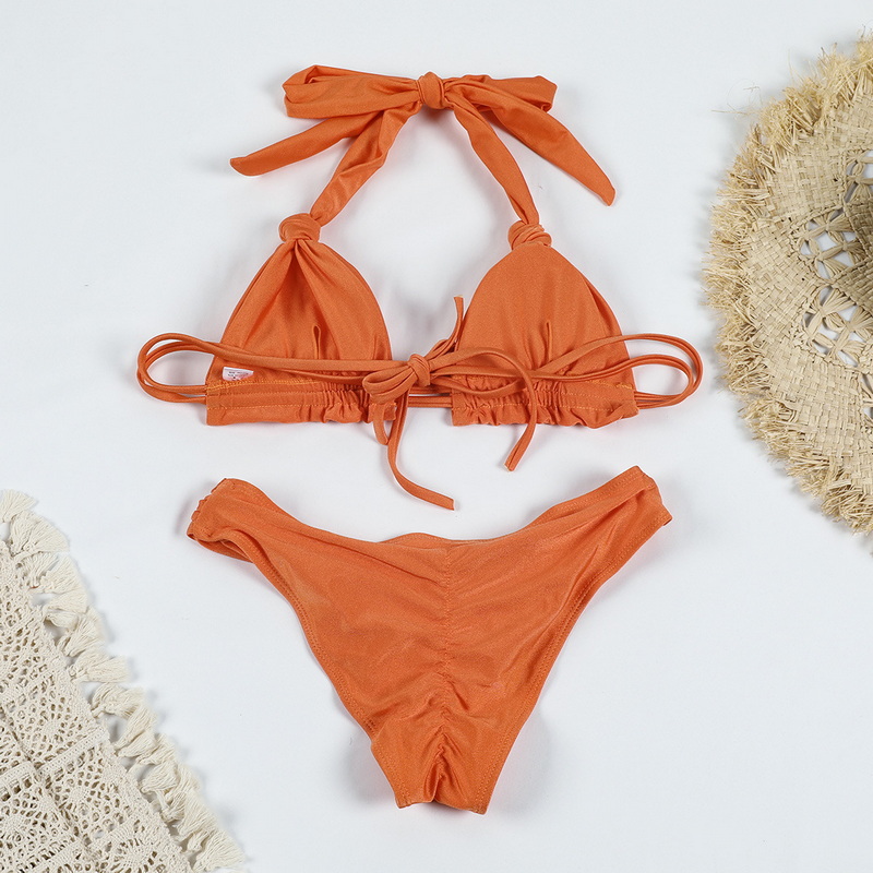 Solid Color Glossy Knot Tie Bikini Sexy Two-Piece European Fashion_11