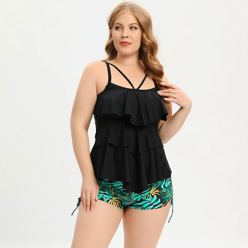 New European Plus Size Women's Swimsuit Ruffle Two-Piece Conservative Swimwear_03