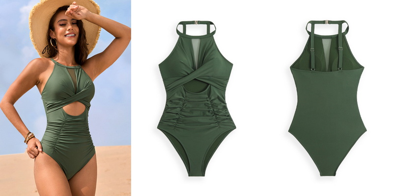 2025 New Solid Mesh Patchwork Twist Cross One-Piece Swimsuit Exclusive Swimwear_16