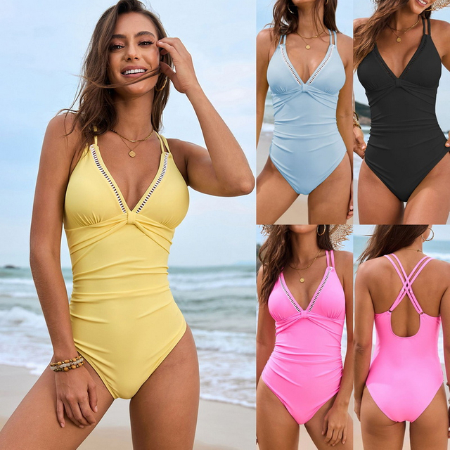 2025 New Solid Accessory One-Piece Swimsuit Hot-Selling Open-Back European Style