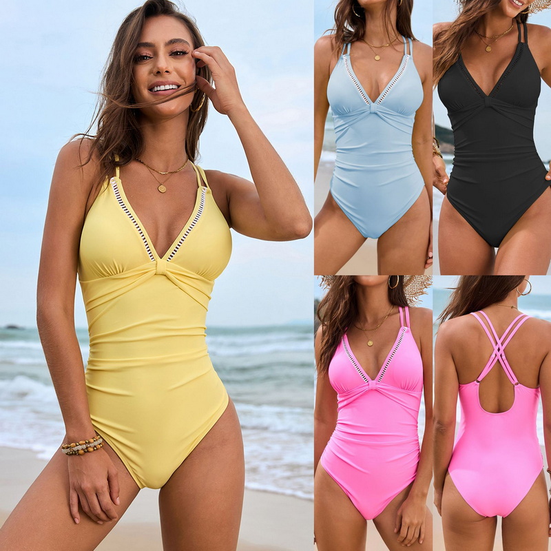 2025 New Solid Accessory One-Piece Swimsuit Hot-Selling Open-Back European Style