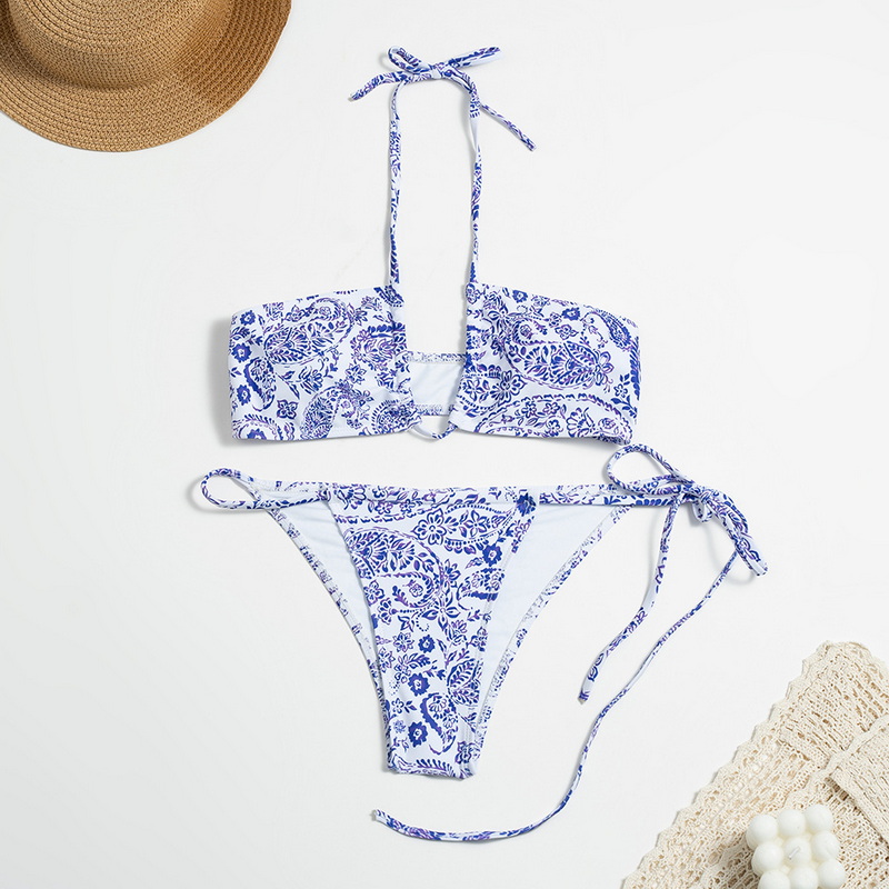 Solid Color Tie-Up Bikini Set For Women Sexy Printed Backless Swimwear_04