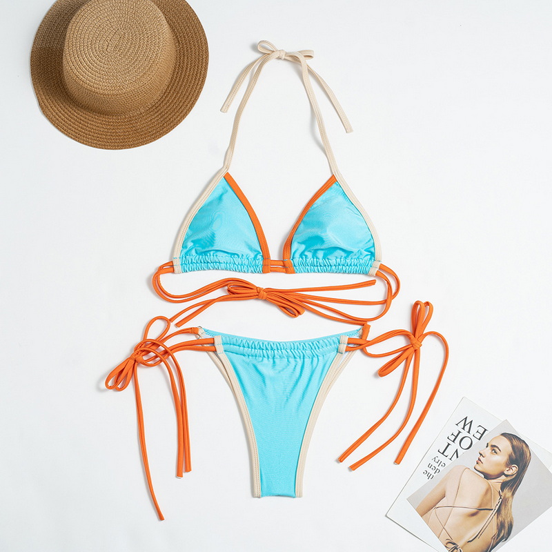 Solid Color Nylon Bikini Set For Women Sexy Colorblock Tie-Up Design_02