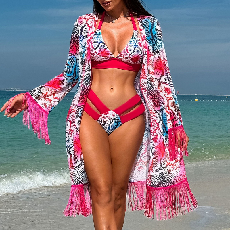 2025 New Women's Bikini Three-Piece Set With Sheer Cover-Up Miami Tassel Swimwear_11