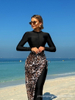 Custom Western Style Swimsuit – Long Sleeve Front Zip One-Piece with Leopard Print Cover-Up