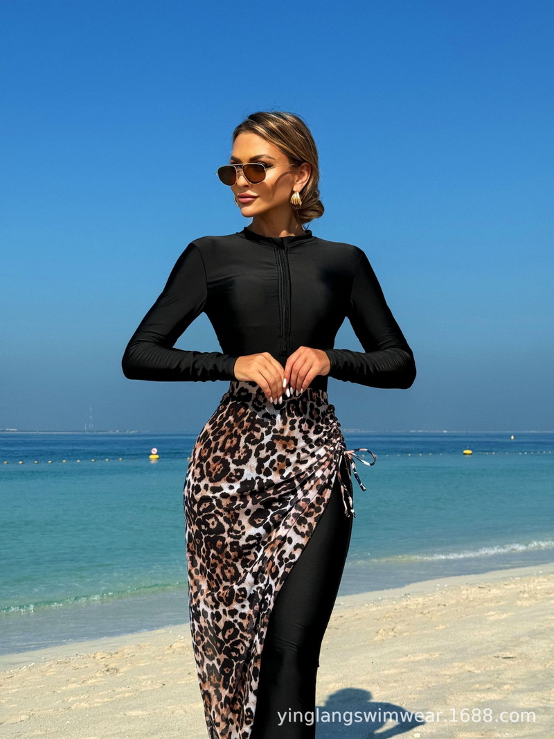 Custom Western Style Swimsuit – Long Sleeve Front Zip One-Piece with Leopard Print Cover-Up