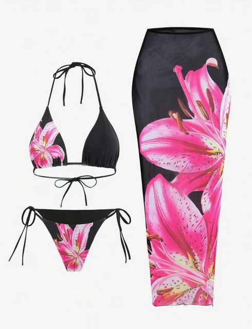 New European Style Bikini Cover-Up Set With Lily Print And Sexy Design