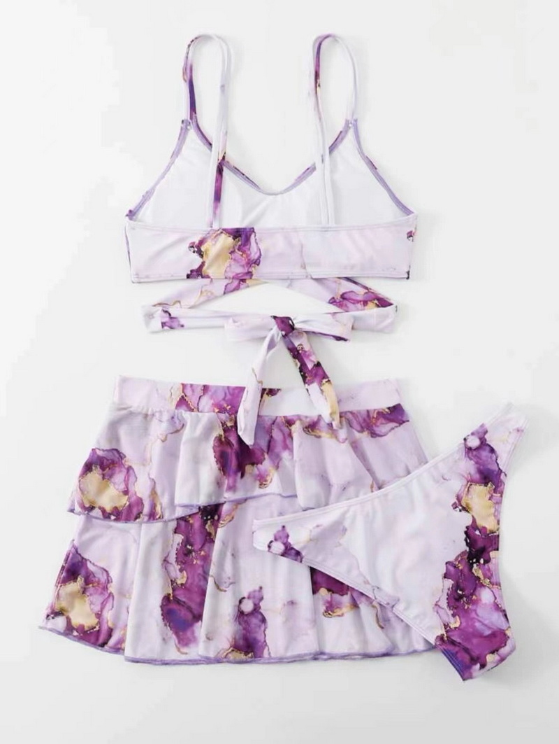 Sexy Marble Print Three-Piece Bikini Set - Beach Skirt Swimsuit_06