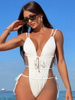 Solid Color Drawstring Backless One-Piece Bikini - Sexy Beachwear