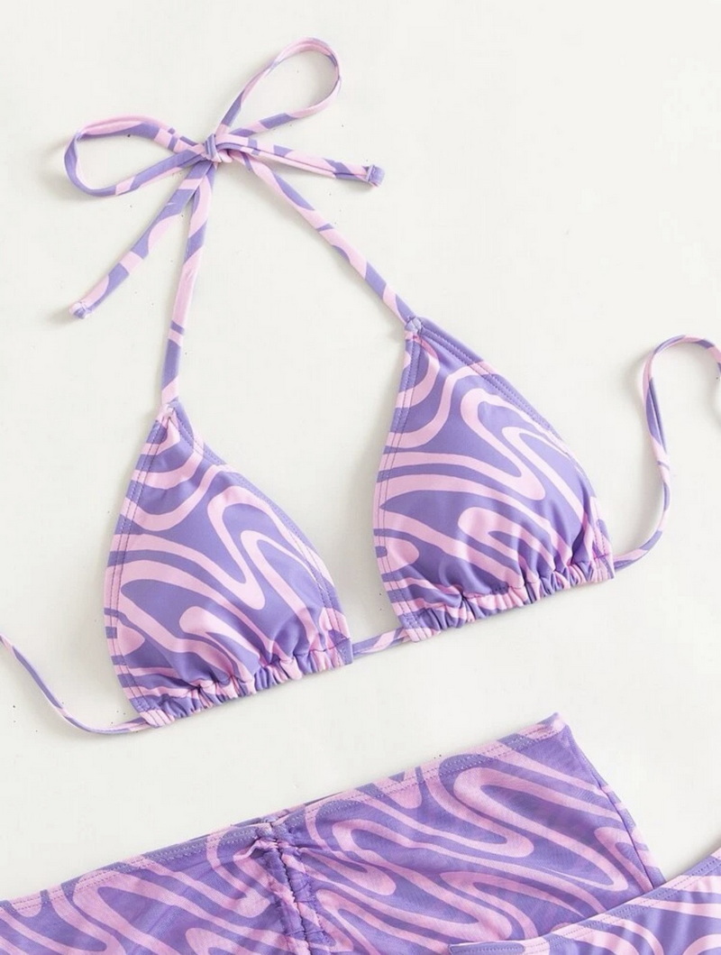 All-Over Print Triangle Bikini Set - Spaghetti Strap with Beach Skirt_16